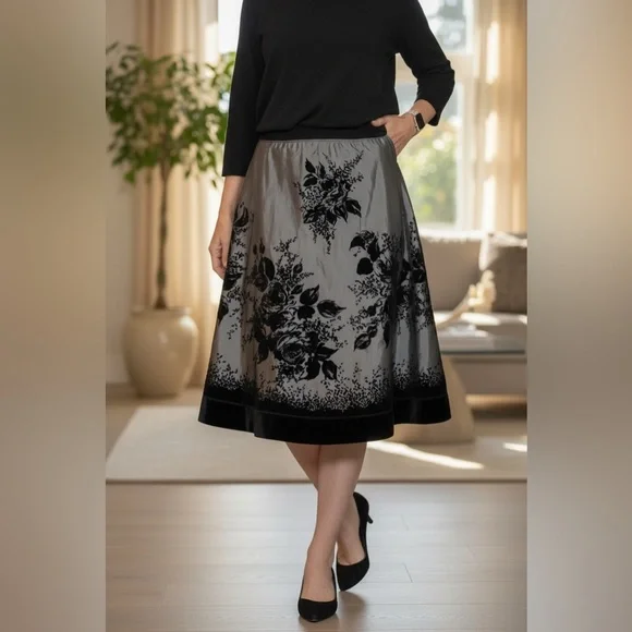 MSK Silver Black Velvet Floral Skirt XL – Holiday Party Dress Midi - Picture 11 of 12
